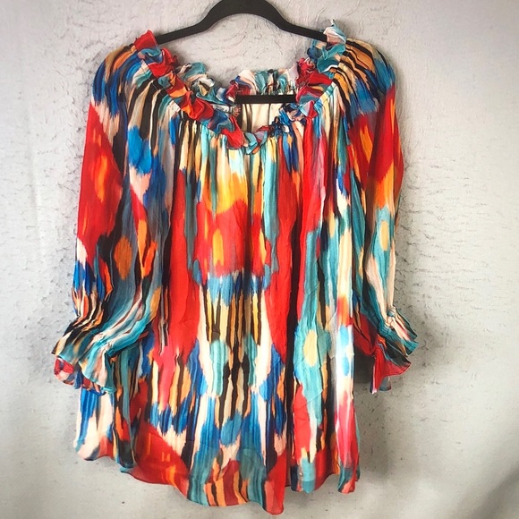 Vintage Collection Tops - Vintage Collection Multicolor Ruffle-Neck Peasant Blouse Vibrant Abstract Print